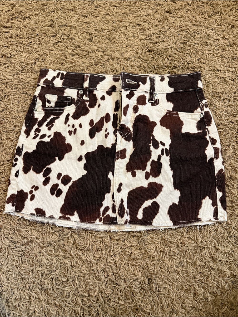No Boundaries Brown and White Cow Print Denim Mini Skirt